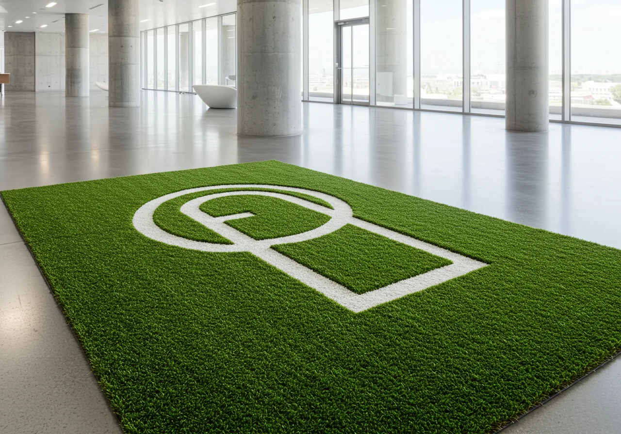 Custom green artificial turf logo mat displayed in a modern interior