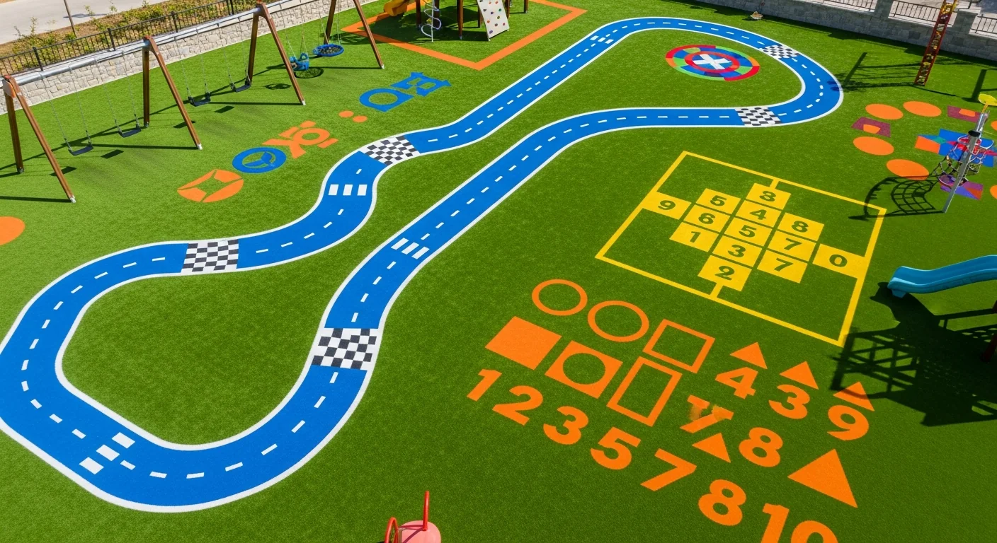Custom playground turf with colorful inlaid designs